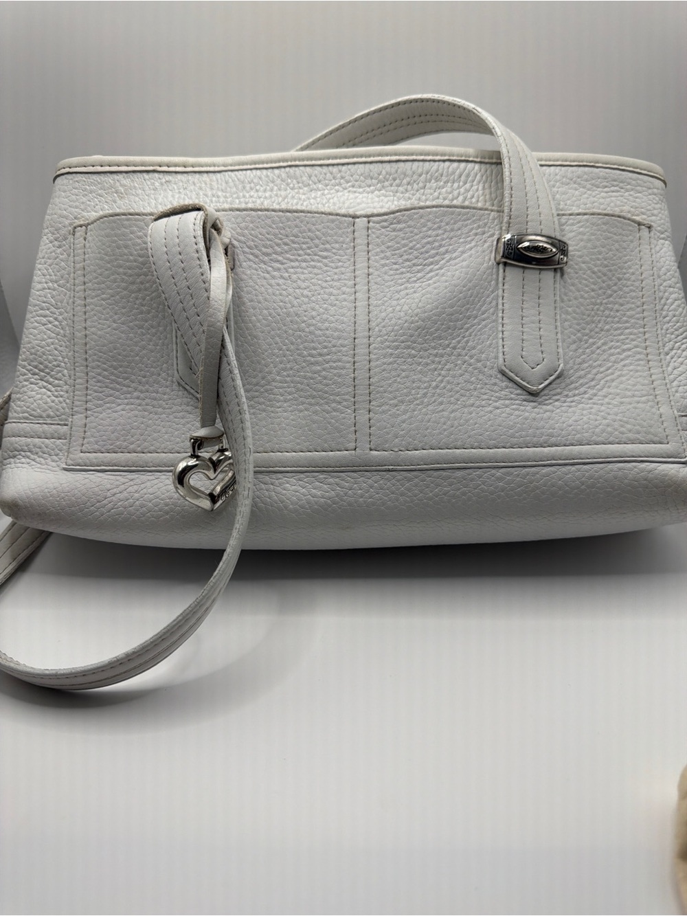 Brighton White Pebbled Leather Shoulder Bag Gingham Lining Silver Hardware